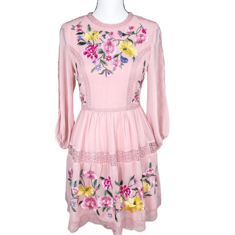 Asos Floral Embroidery Pink Chiffon Dress